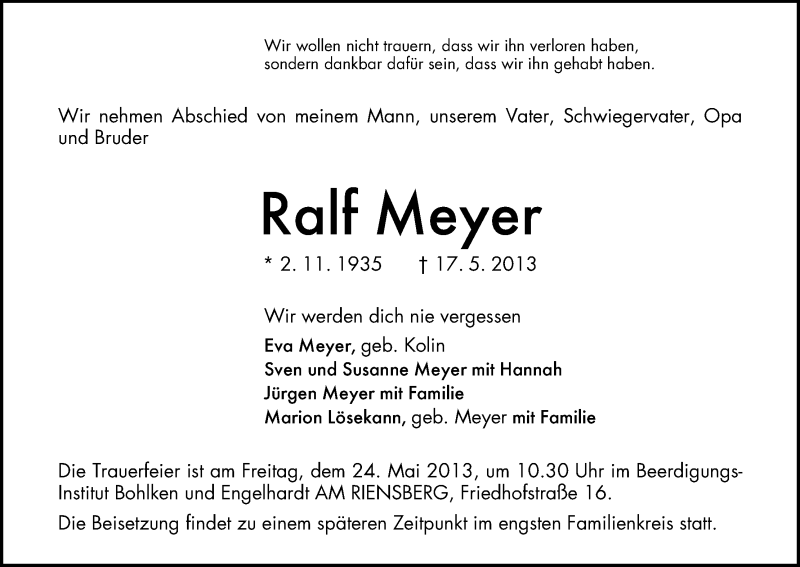 Traueranzeige von Ralf Meyer von WESER-KURIER