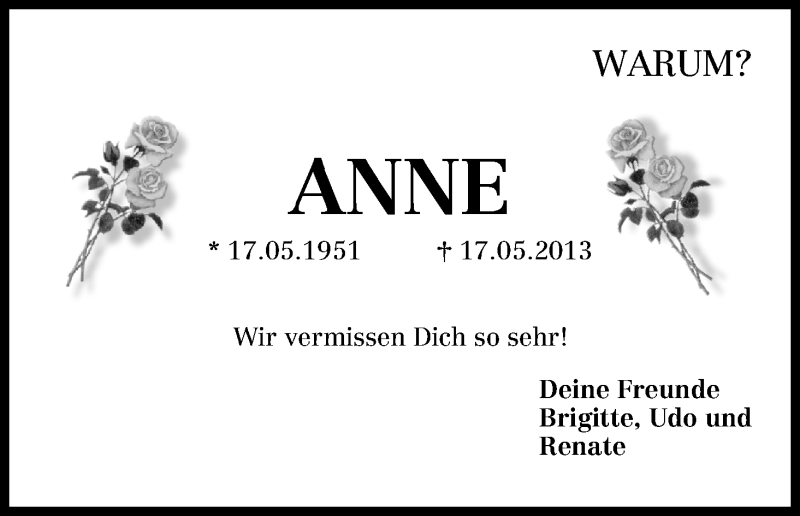 Traueranzeige von Anne  von WESER-KURIER