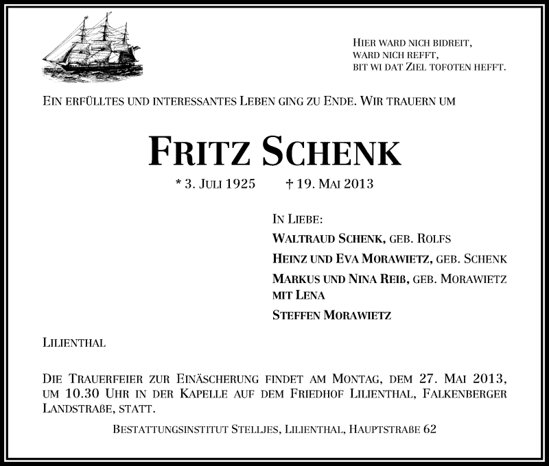 Traueranzeige von Fritz Schenk von WESER-KURIER