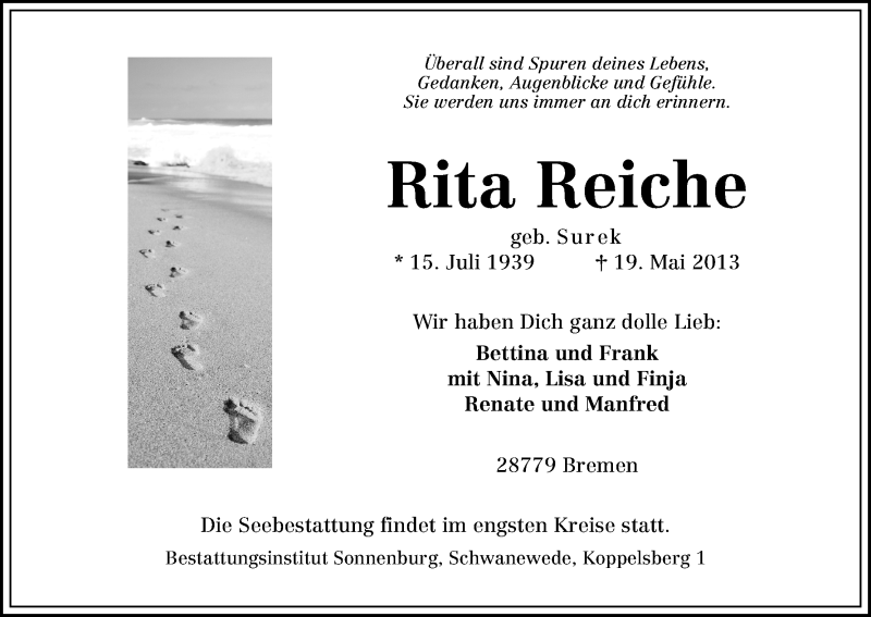 Traueranzeige von Rita Reiche von WESER-KURIER