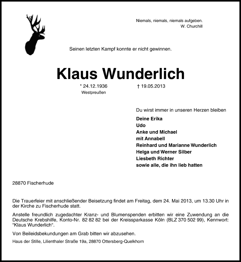 Traueranzeige von Klaus Wunderlich von WESER-KURIER