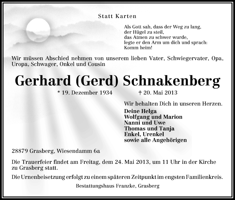 Traueranzeige von Gerhard Schnakenberg von WESER-KURIER