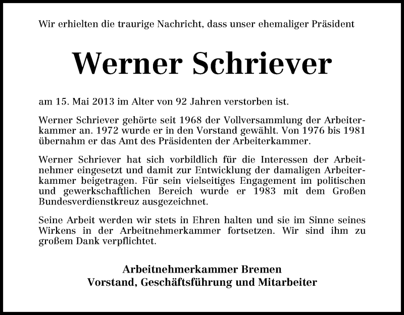 Traueranzeige von Werner Schriever von WESER-KURIER