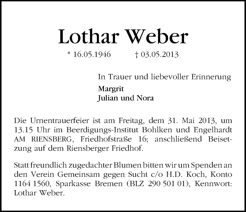 Traueranzeige von Lothar Weber von WESER-KURIER