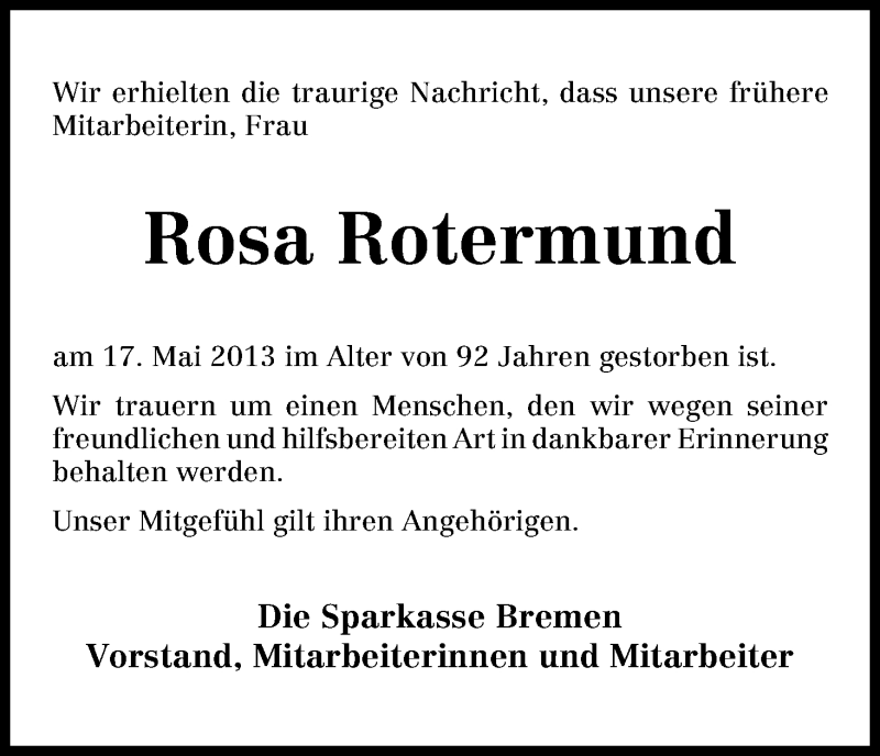 Traueranzeige von Rosa Rotermund von WESER-KURIER