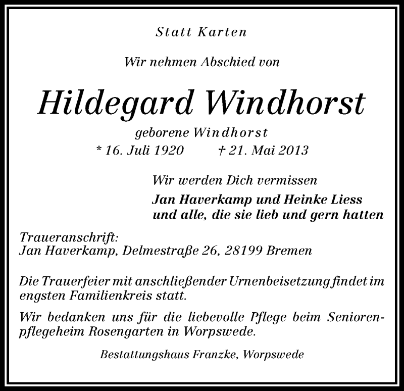 Traueranzeige von Hildegard Windhorst von WESER-KURIER