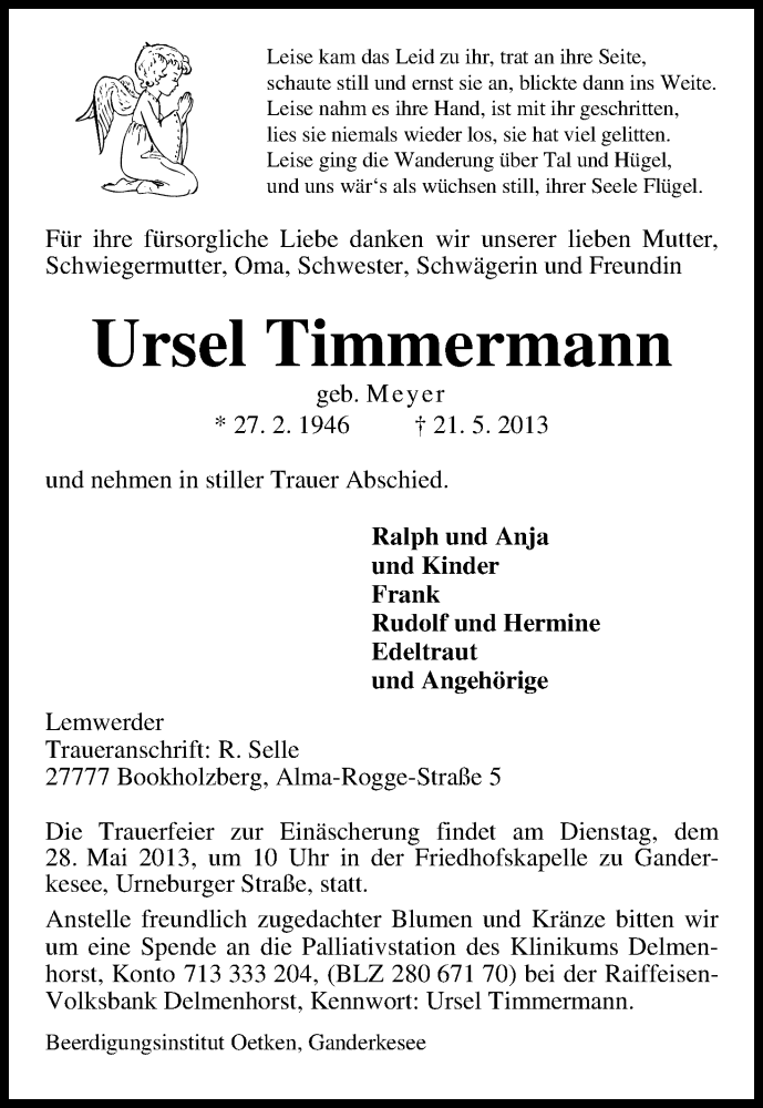 Traueranzeige von Ursel Timmermann von WESER-KURIER