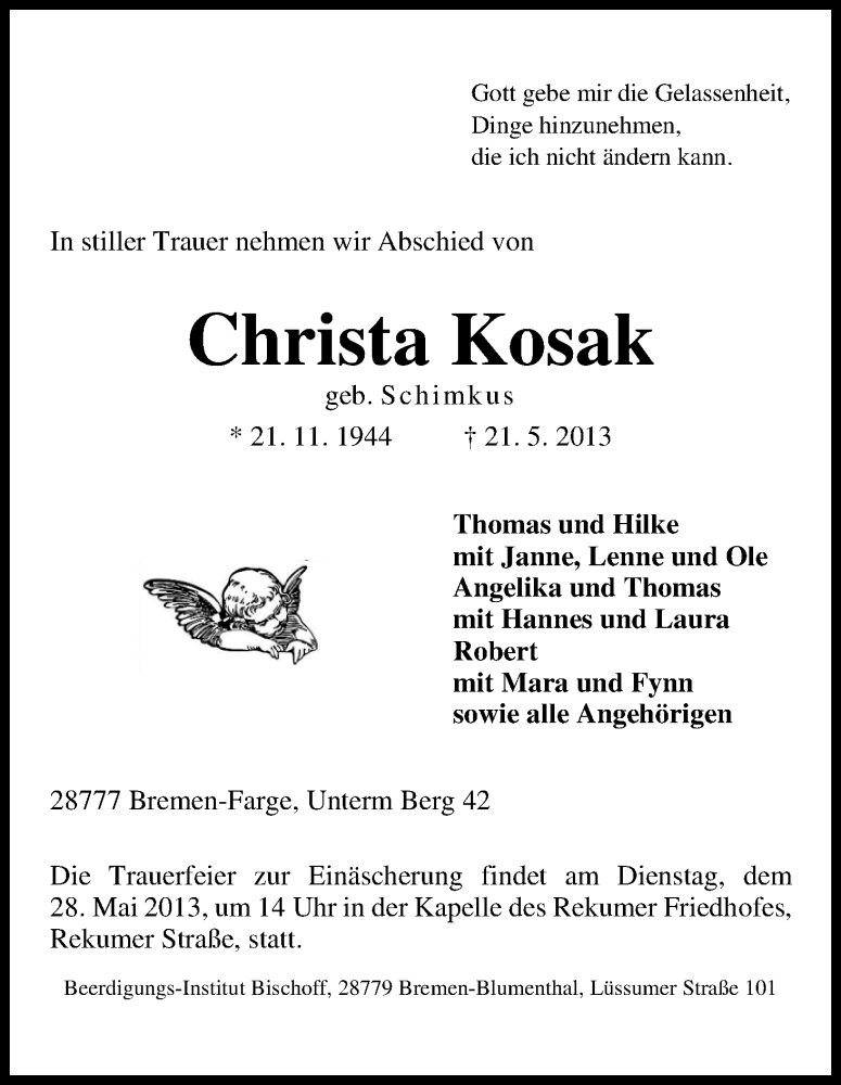 Traueranzeige von Christa Kosak von WESER-KURIER