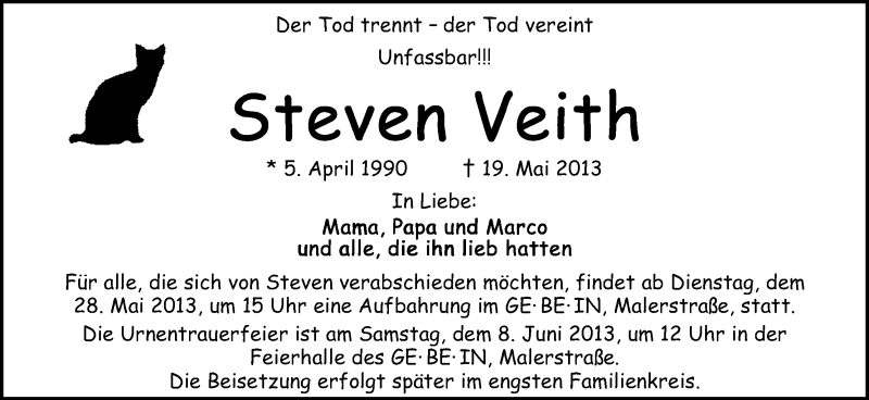 Traueranzeige von Steven Veith von WESER-KURIER