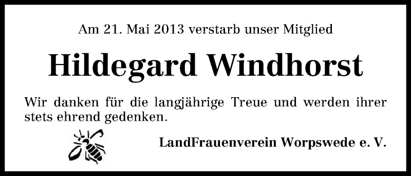 Traueranzeige von Hildegard Windhorst von WESER-KURIER