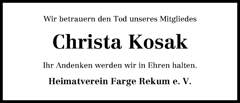 Traueranzeige von Christa Kosak von WESER-KURIER