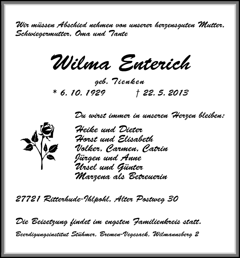 Traueranzeige von Wilma Enterich von WESER-KURIER