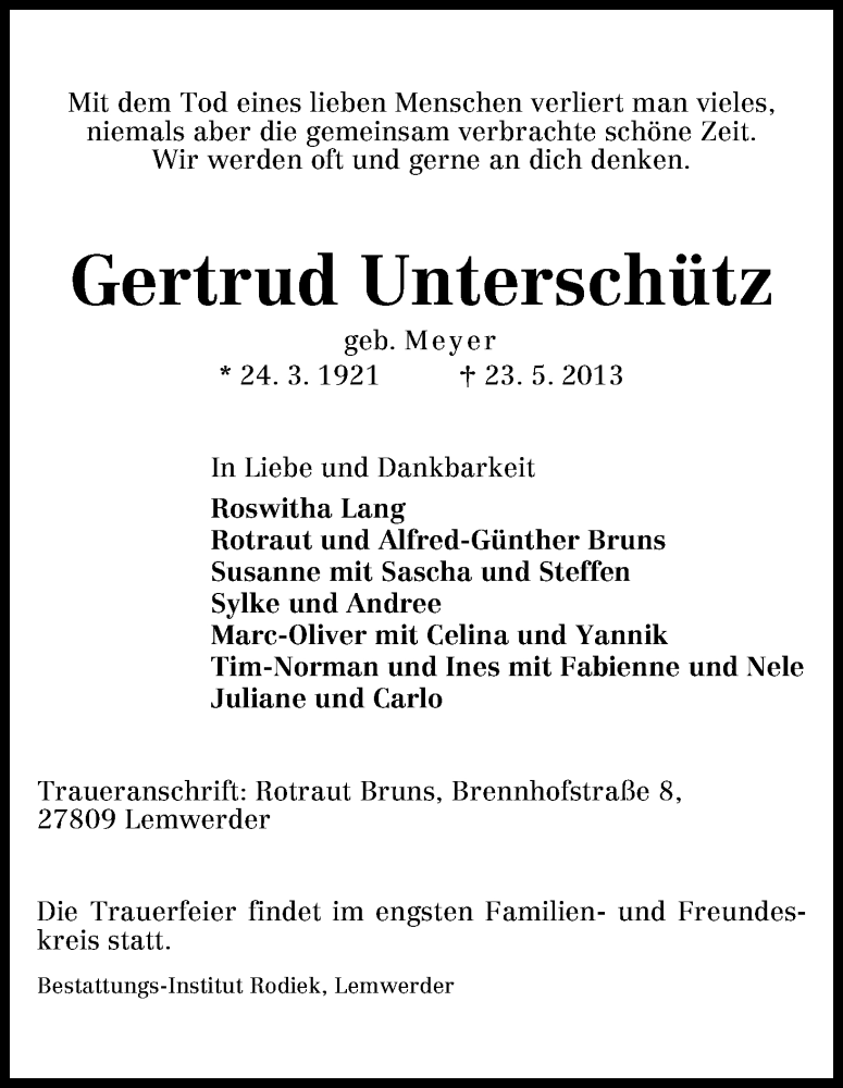 Traueranzeige von Gertrud Unterschütz von WESER-KURIER