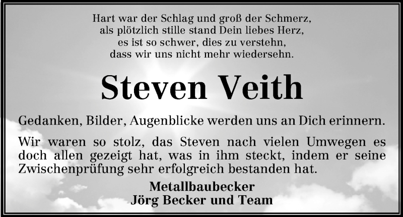 Traueranzeige von Steven Veith von WESER-KURIER