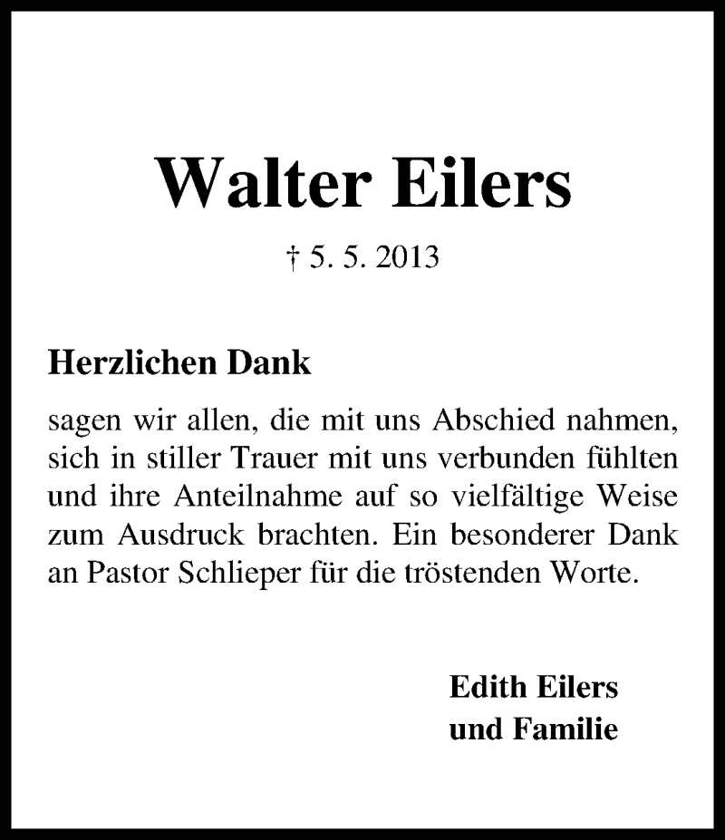 Traueranzeige von Walter Eilers von WESER-KURIER