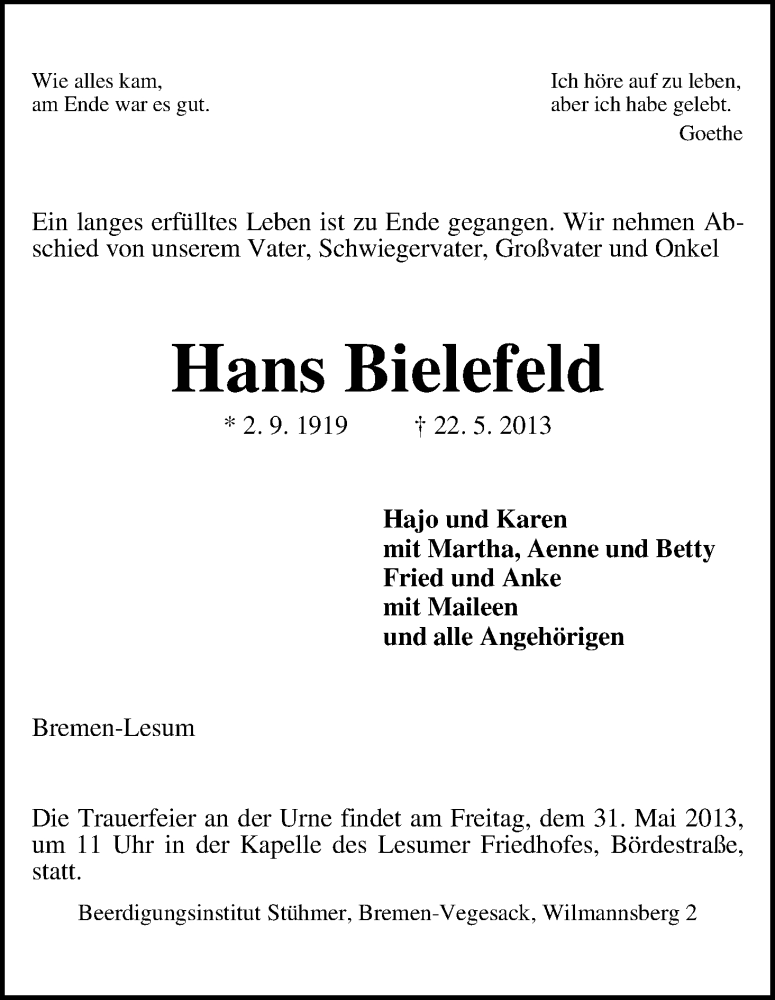 Traueranzeige von Hans Bielefeld von WESER-KURIER