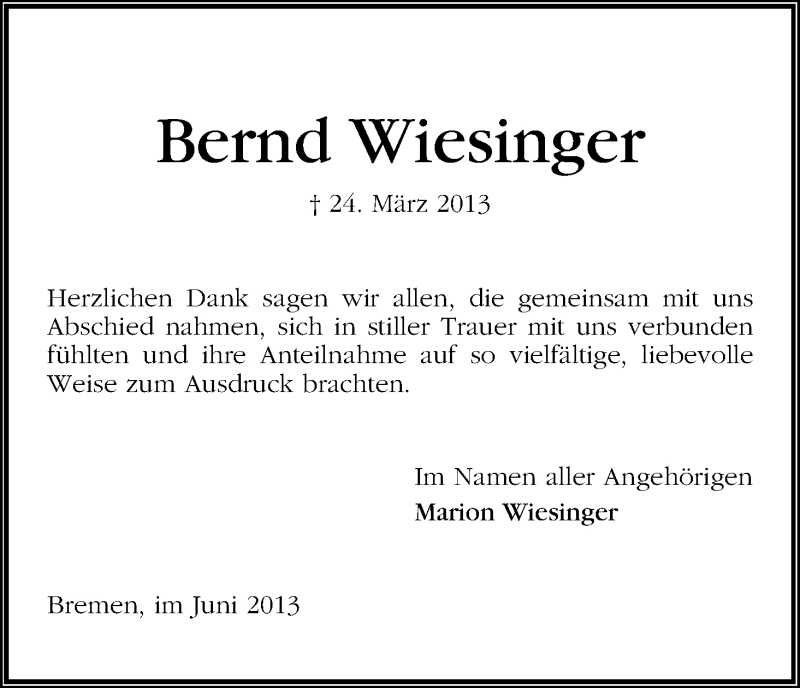 Traueranzeige von Bernd Wiesinger von WESER-KURIER