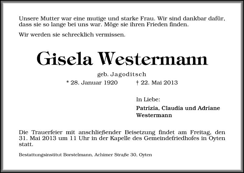 Traueranzeige von Gisela Westermann von WESER-KURIER