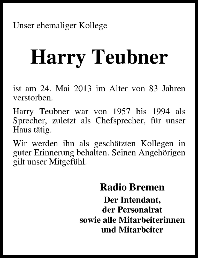 Traueranzeige von Harry Teubner von WESER-KURIER