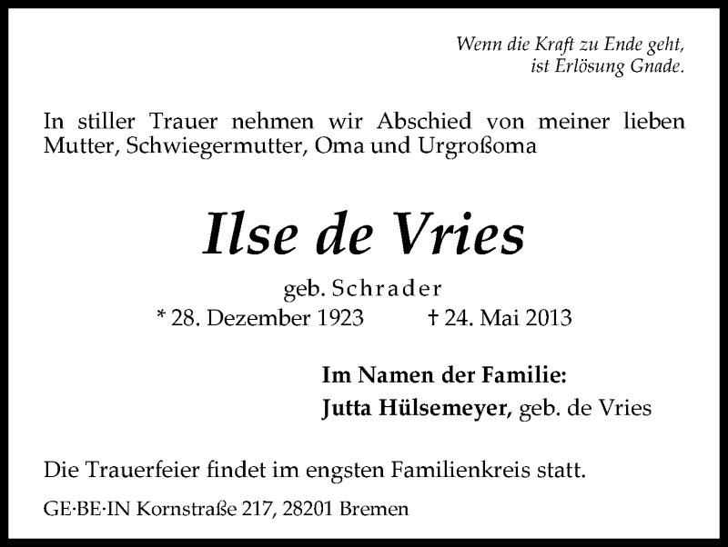 Traueranzeige von Ilse de Vries von WESER-KURIER
