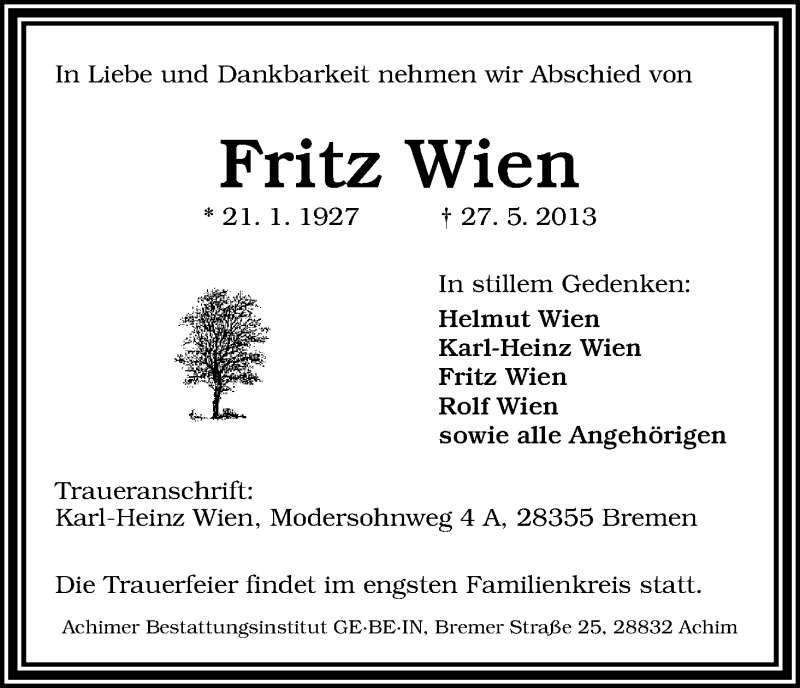 Traueranzeige von Fritz Wien von WESER-KURIER