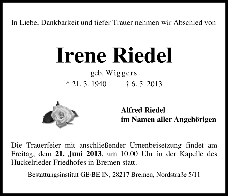 Traueranzeige von Irene Riedel von WESER-KURIER