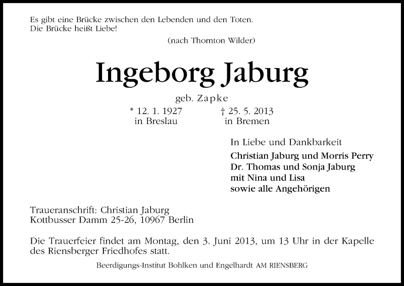 Traueranzeige von Ingeborg Jaburg von WESER-KURIER