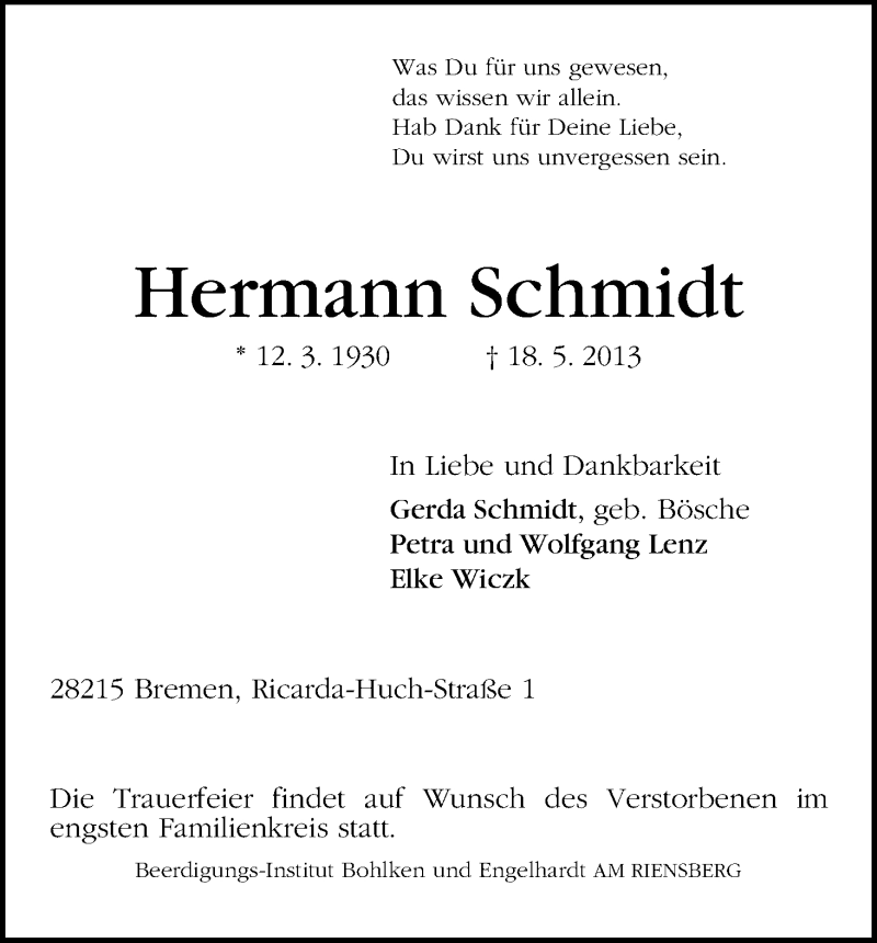 Traueranzeige von Hermann Schmidt von WESER-KURIER