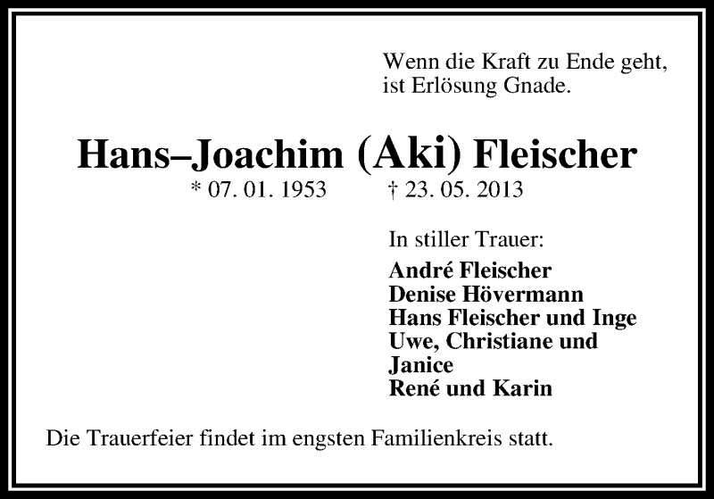 Traueranzeige von Hans-Joachim Fleischer von WESER-KURIER