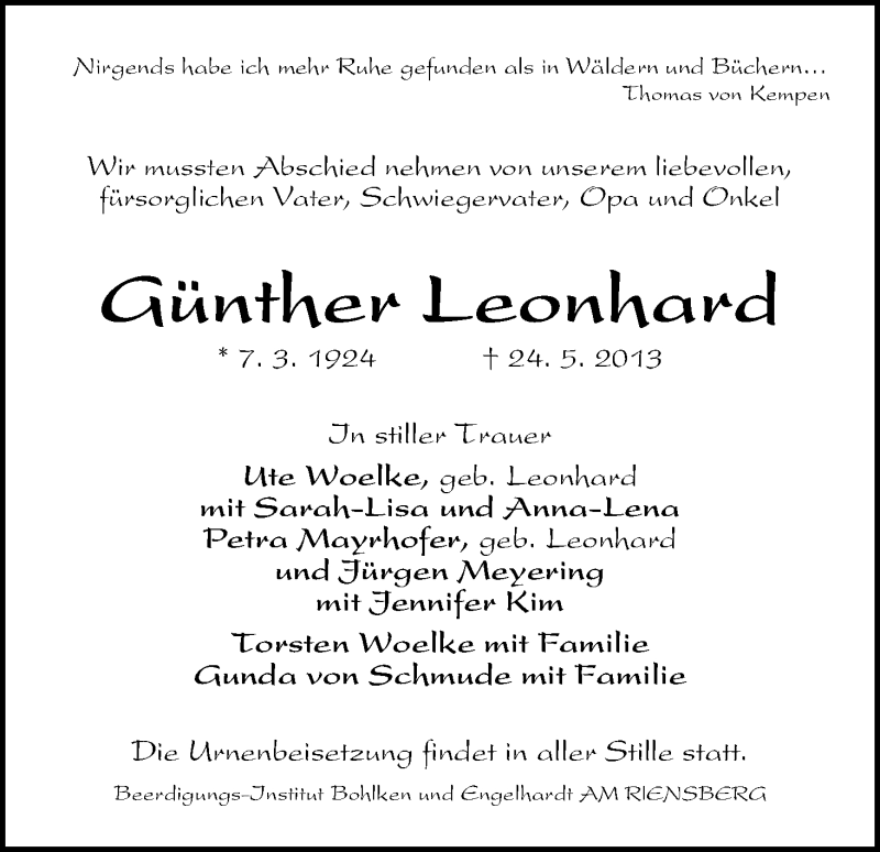 Traueranzeige von Günther Leonhard von WESER-KURIER