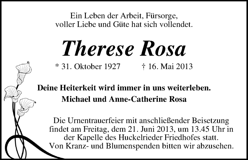Traueranzeige von Therese Rosa von WESER-KURIER