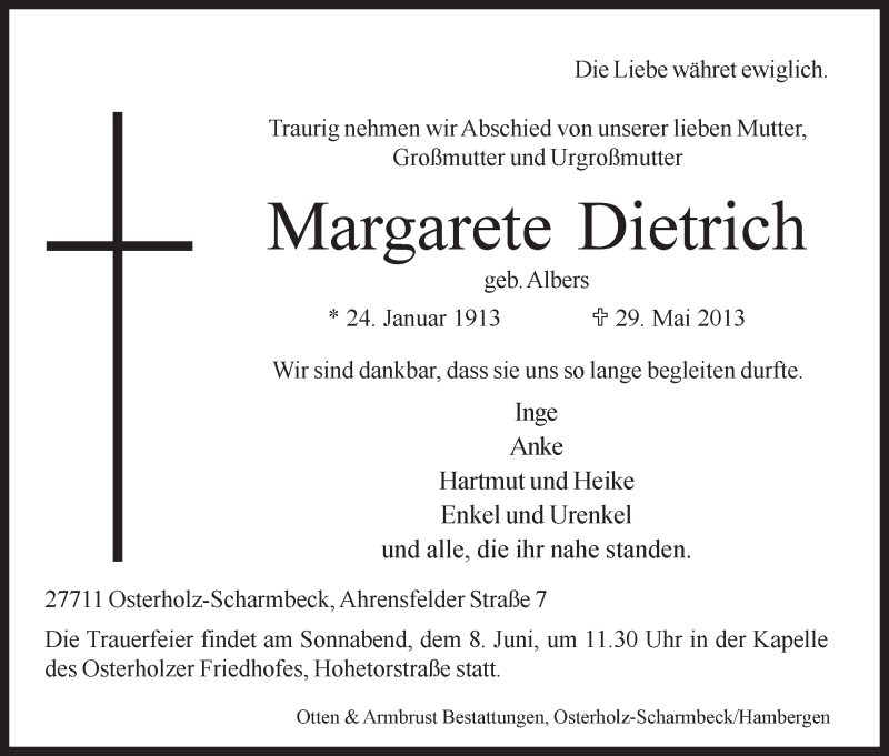 Traueranzeige von Margarete Dietrich von WESER-KURIER