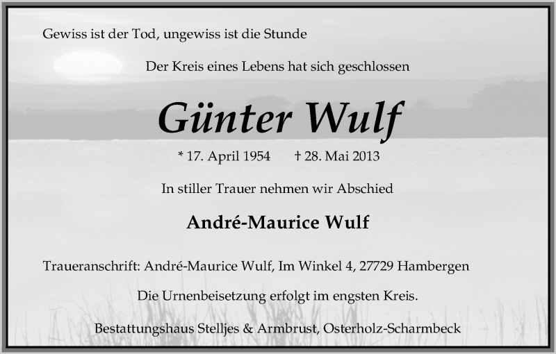 Traueranzeige von Günter Wulf von WESER-KURIER