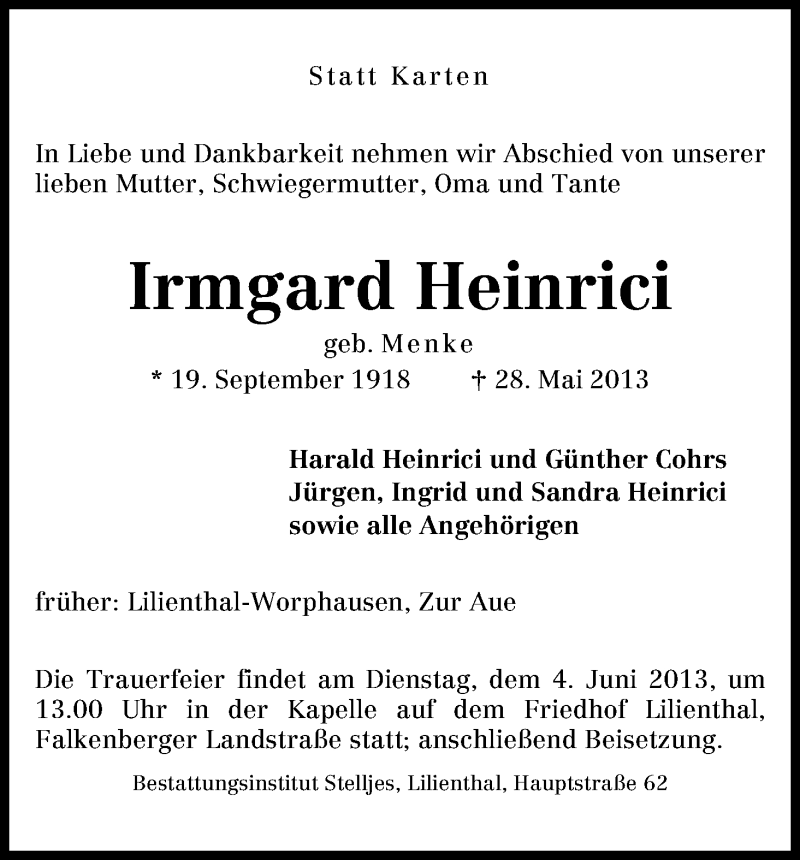 Traueranzeige von Irmgard Heinrici von WESER-KURIER