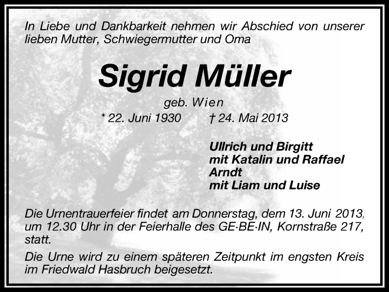 Traueranzeige von Sigrid Müller von WESER-KURIER