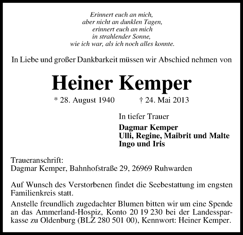 Traueranzeige von Heiner Kemper von WESER-KURIER