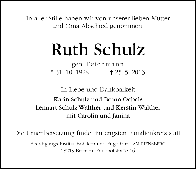 Traueranzeige von Ruth Schulz von WESER-KURIER
