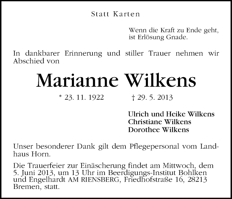 Traueranzeige von Marianne Wilkens von WESER-KURIER