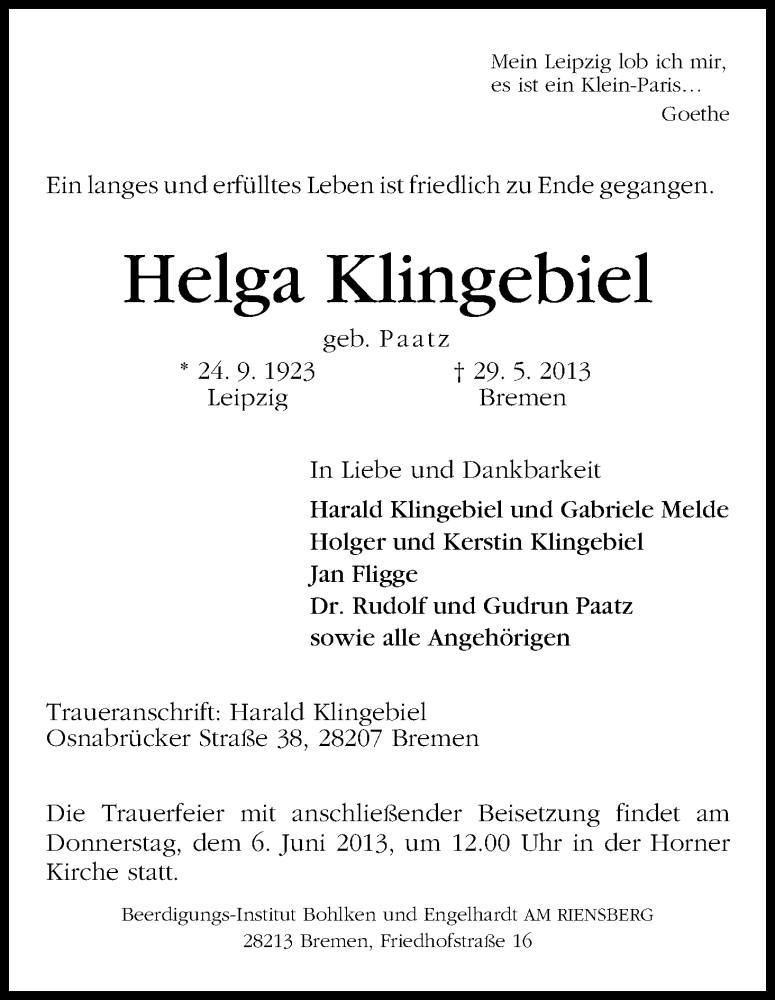 Traueranzeige von Helga Klingebiel von WESER-KURIER