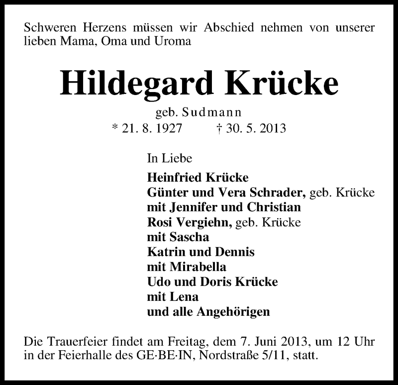 Traueranzeige von Hildegard Krücke von WESER-KURIER