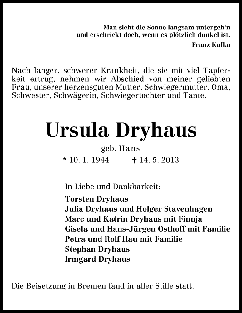 Traueranzeige von Ursula Dryhaus von WESER-KURIER