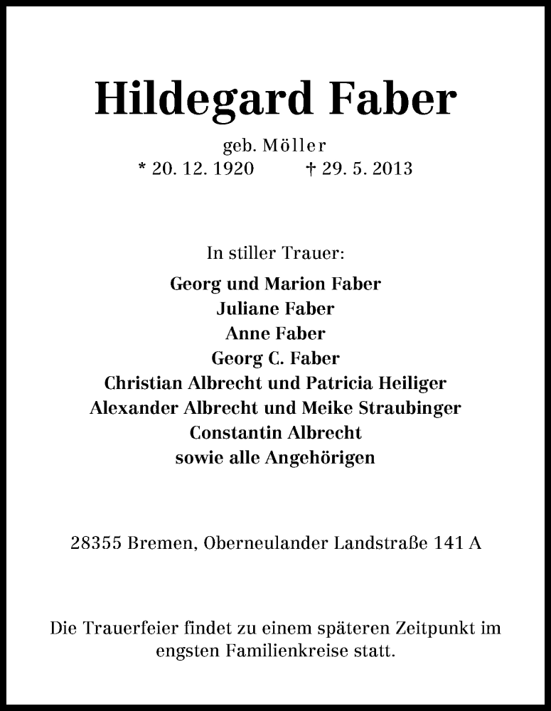 Traueranzeige von Hildegard Faber von WESER-KURIER