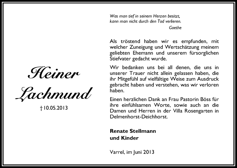 Traueranzeige von Heiner Lachmund von WESER-KURIER