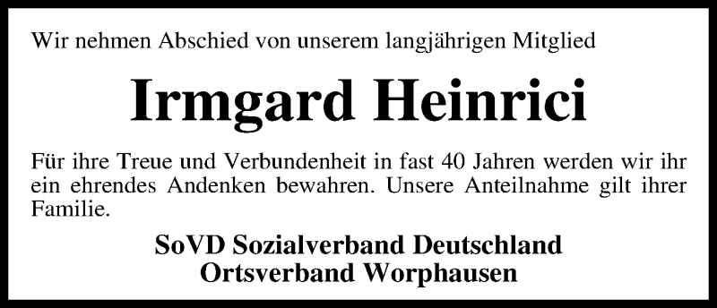 Traueranzeige von Irmgard Heinrici von WESER-KURIER