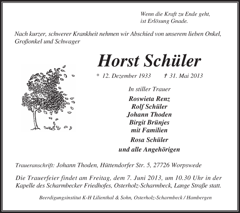 Traueranzeige von Horst Schüler von WESER-KURIER