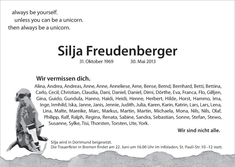 Traueranzeige von Silja Freudenberger von WESER-KURIER