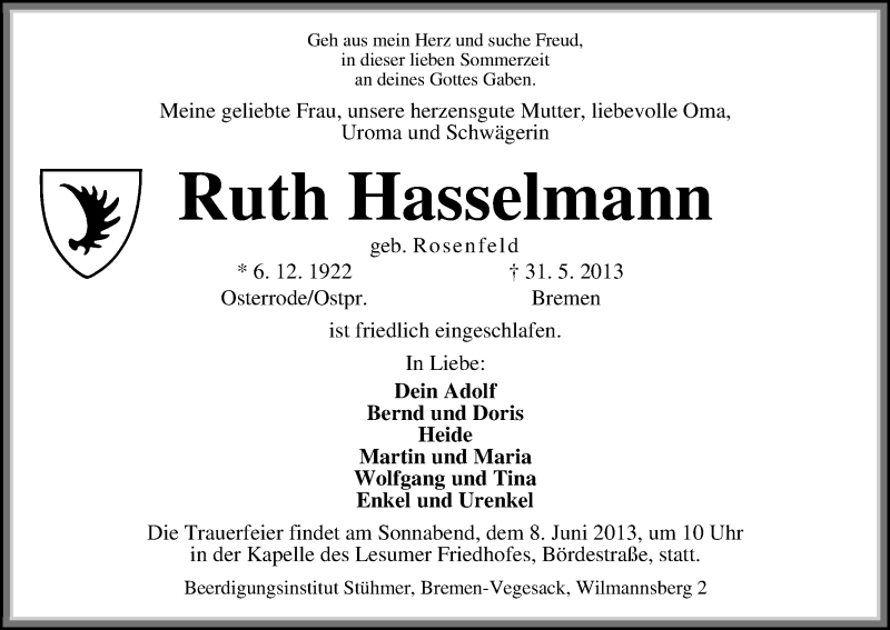Traueranzeige von Ruth Hasselmann von WESER-KURIER