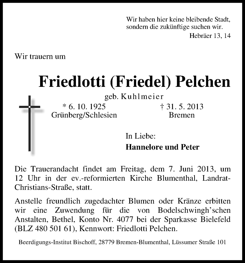 Traueranzeige von Friedlotti Pelchen von WESER-KURIER