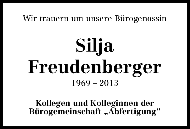 Traueranzeige von Silja Freudenberger von WESER-KURIER