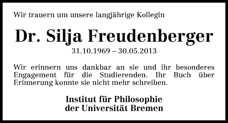 Traueranzeige von Silja Freudenberger von WESER-KURIER